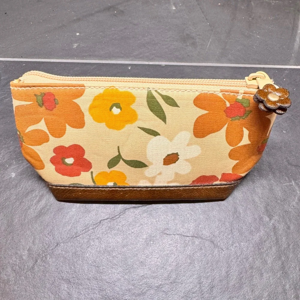 Retro Floral Canvas Makeup Bag Orange Yellow Flower Print Zipper Pouch Small
